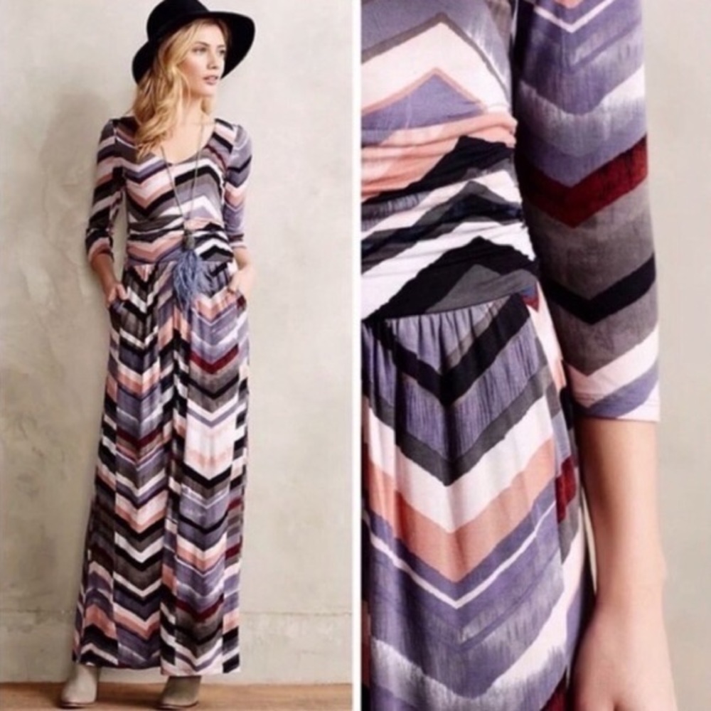Small Maeve Anthropologie Novela Boho Chevron Maxi Dress in Multicolor